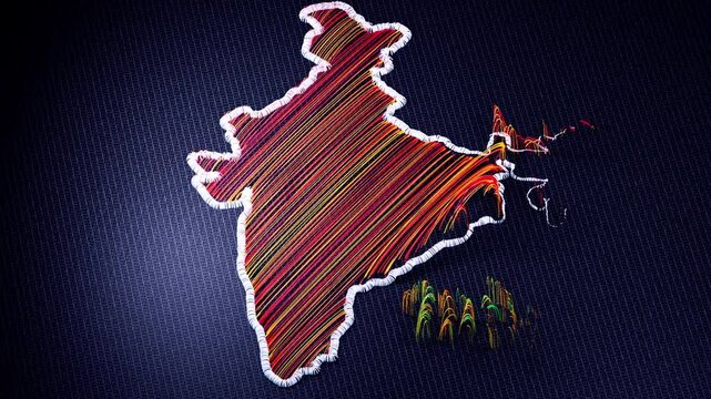 3D animation of an embroidered map of India. The colorful threads and fabric are shown from various perspectives, with motion effects highlighting the details and the word India.