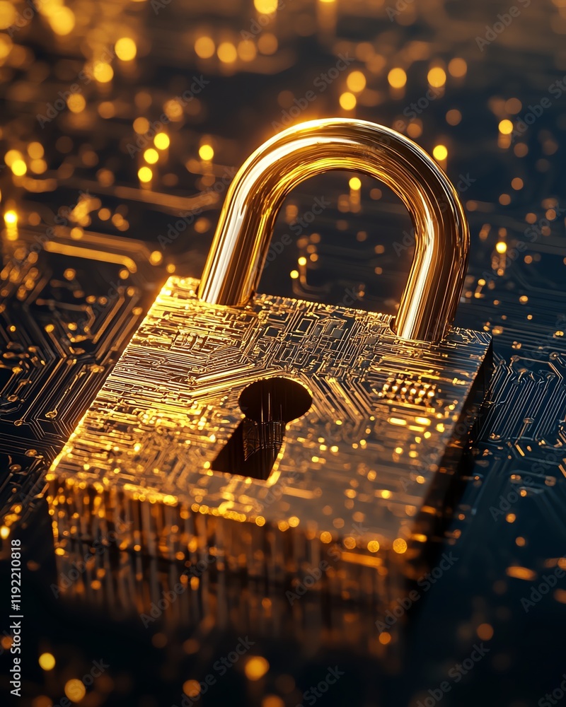 Aufkleber futuristic golden padlock with integrated electronic circuits, symbolizing password security technol