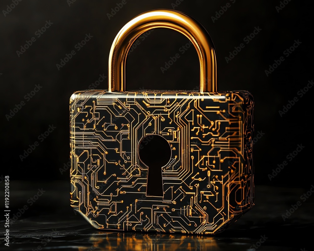 Fototapete golden padlock with advanced electronic circuits, digital password security design, ensuring fraud p