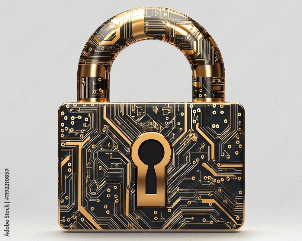 Poster Golden padlock with advanced electronic circuits, digital password security design, ensuring fraud prevention and confidential data protection in a secure network