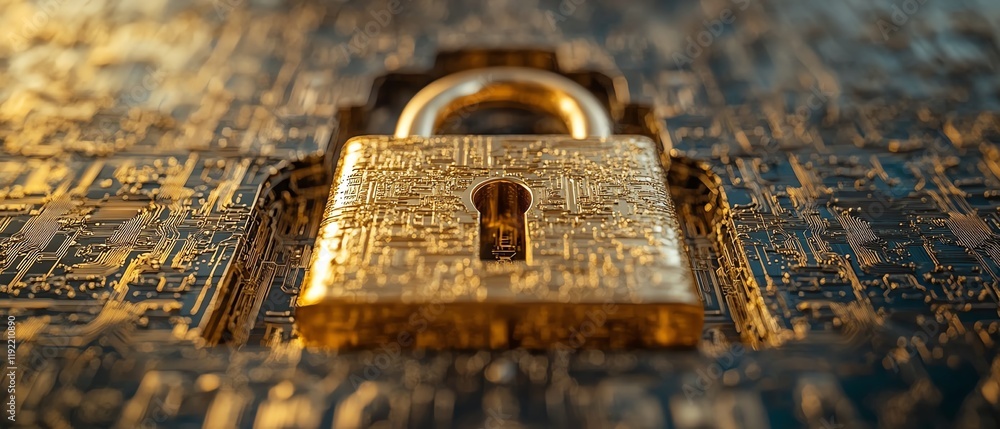 Poster golden padlock with digital circuits, representing secure password technology, preventing fraud, saf