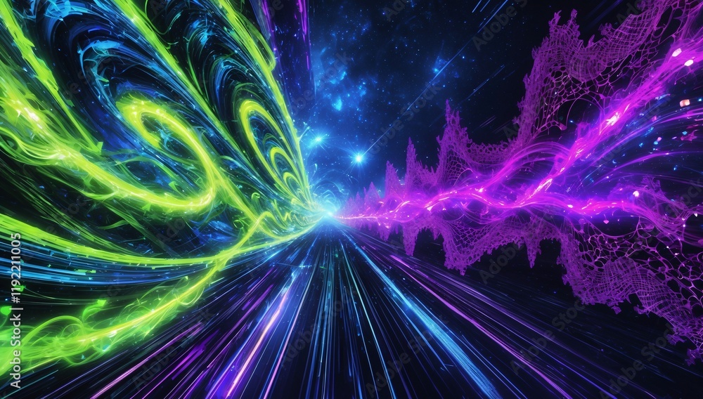 Poster vividly illuminated fractal waves glow with neon colors creating a dynamic, futuristic cosmic atmosp