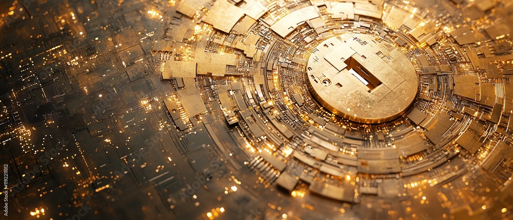 Poster golden padlock with digital circuits, representing secure password technology, preventing fraud, saf