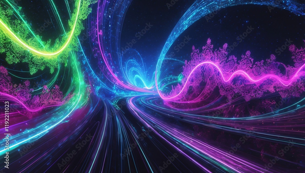 Poster vividly illuminated fractal waves glow with neon colors creating a dynamic, futuristic cosmic atmosp