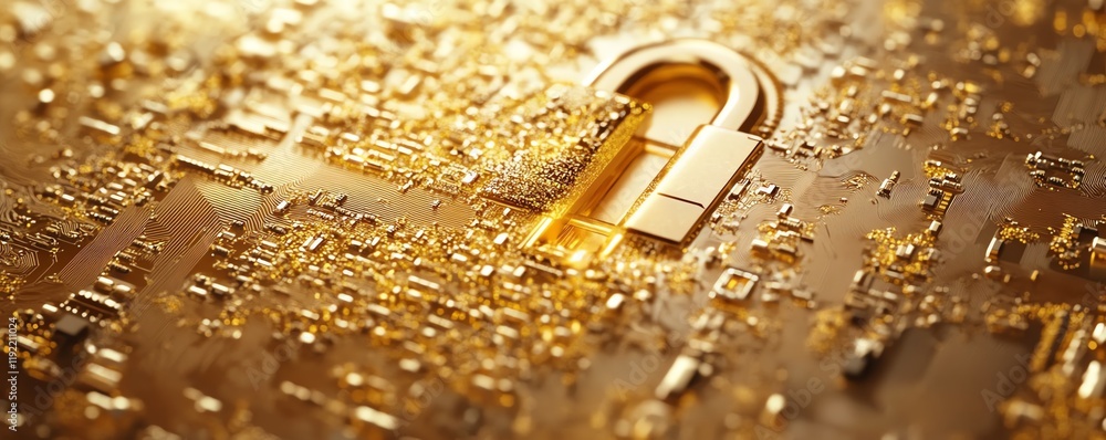 Leinwandbilder Golden padlock with electronic circuits, representing hightech password security technology, protecting sensitive data from fraud, secure data network concept
