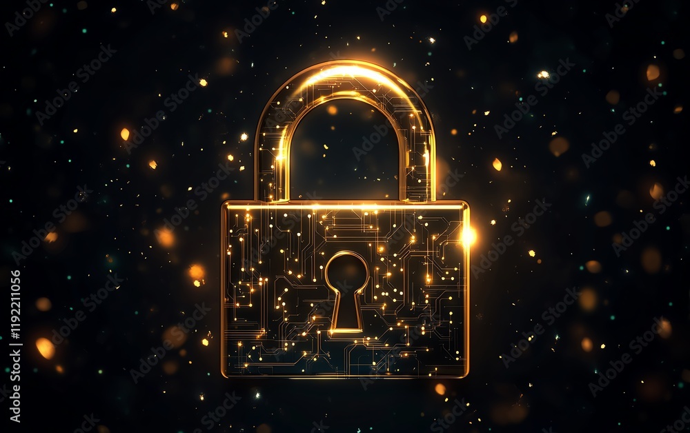 Leinwandbilder golden padlock with embedded electronic circuits, nextgen password security technology, protecting c