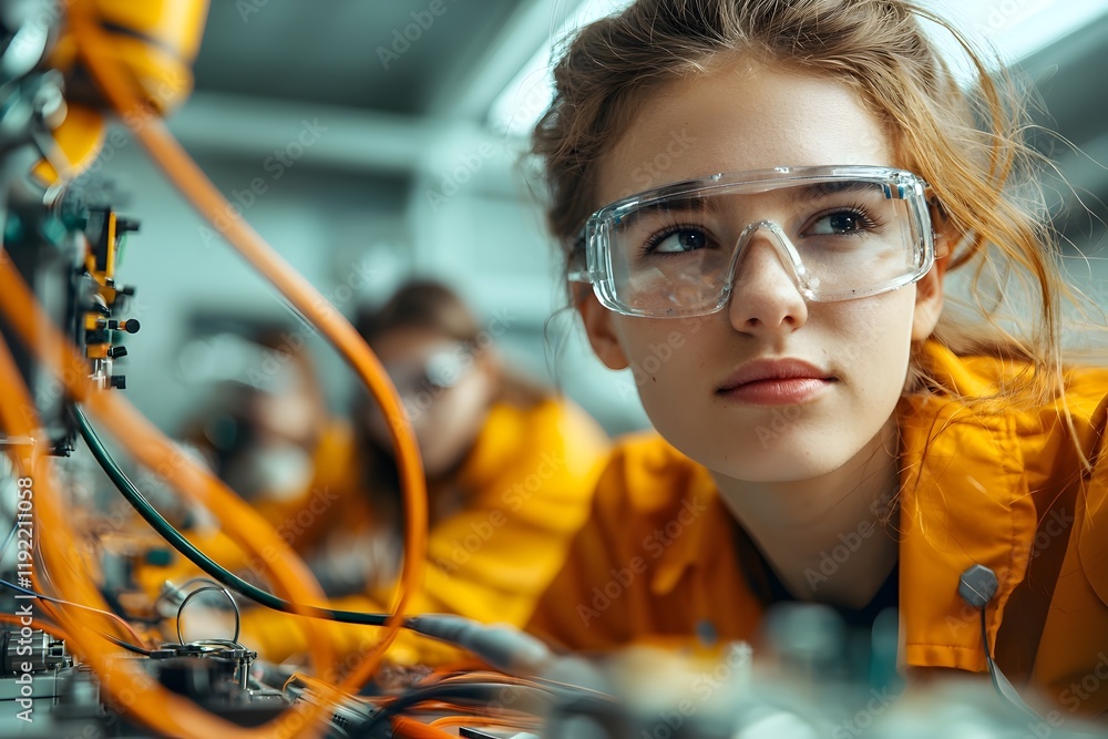 Poster diverse students collaborating in high-tech engineering lab with cutting-edge tools and technology