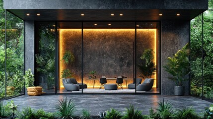 Modern outdoor lounge with lush greenery.