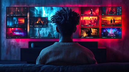 Person enjoying multiple entertainment streams in a dark room with vibrant lighting effects