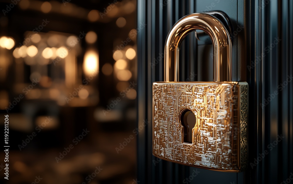 Fototapete Golden padlock with embedded electronic circuits, nextgen password security technology, protecting confidential data from fraud, advanced data network security
