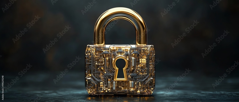 Poster golden padlock with integrated electronic circuits, futuristic password security technology, protect