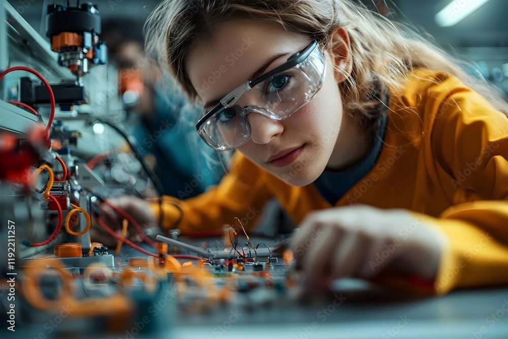 Poster diverse students collaborating in high-tech engineering laboratory with cutting-edge technology