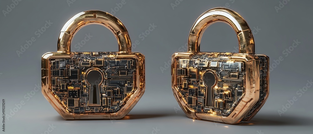 Fototapete golden padlock with integrated electronic circuits, futuristic password security technology, protect