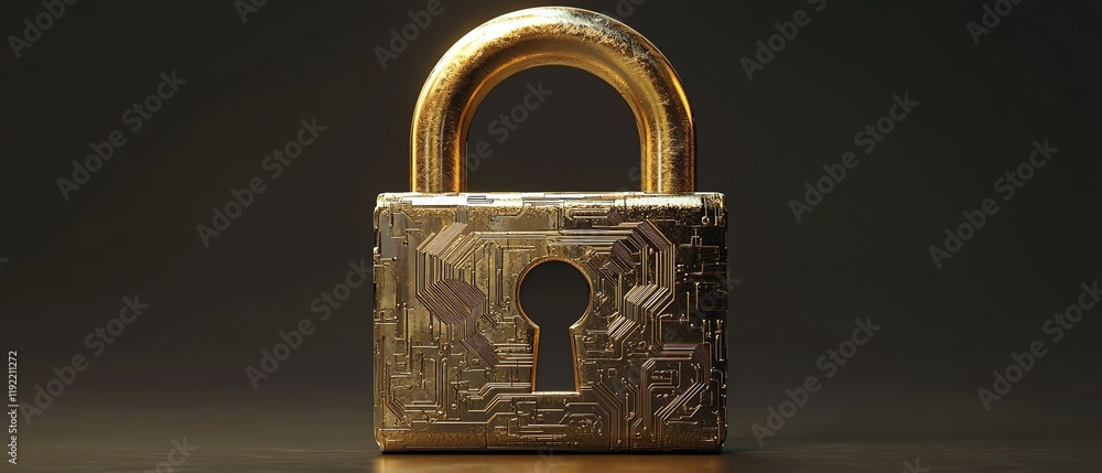 Fototapete Golden padlock with integrated electronic circuits, futuristic password security technology, protecting confidential data in a secure network, fraud prevention design