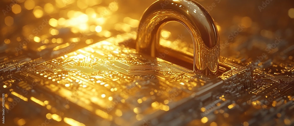 Poster golden padlock with integrated electronic circuits, futuristic password security technology, protect