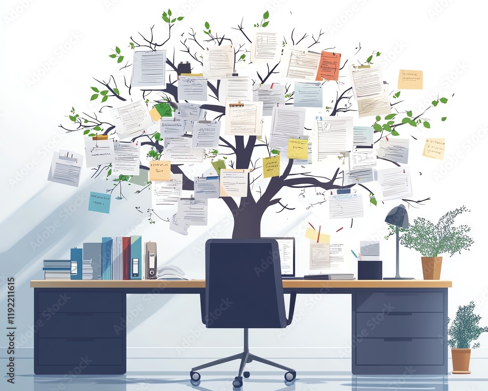 Fototapete messy organization with tangled decision tree, chaotic business management, complex and convoluted p