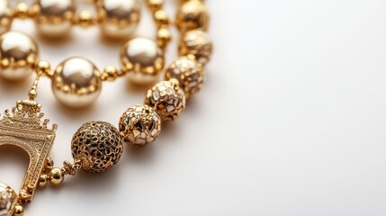 Golden beaded necklace, ornate detail, white background, jewelry design, fashion accessory