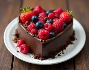 Heart-shaped chocolate cake with fresh berries