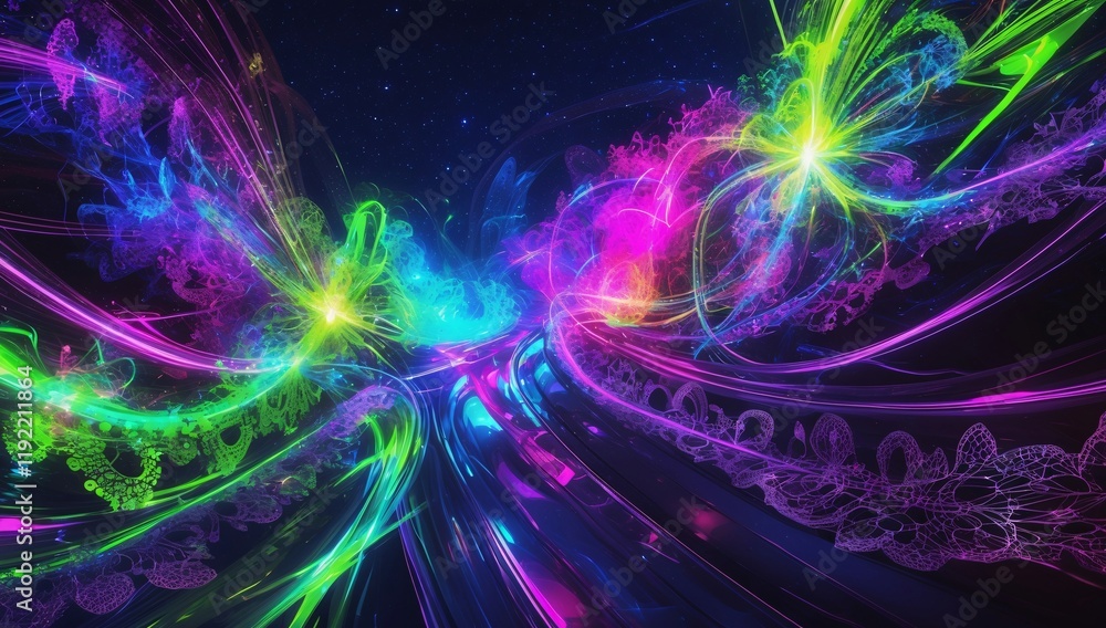 Poster vividly illuminated fractal waves glow with neon colors creating a dynamic, futuristic cosmic atmosp