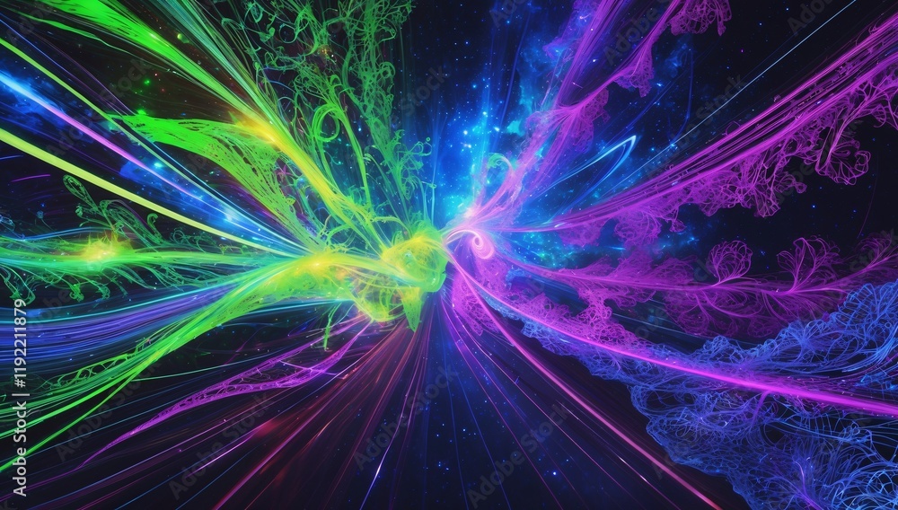 Poster vividly illuminated fractal waves glow with neon colors creating a dynamic, futuristic cosmic atmosp