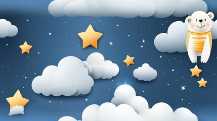 cute rocket and space seamless concept. Whimsical night sky with clouds, stars, and a cute teddy bear.