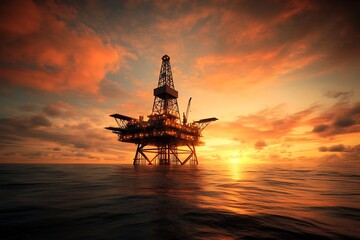 Dramatic Sunset Over Offshore Oil Rig Platform with Moody Atmospheric Lighting