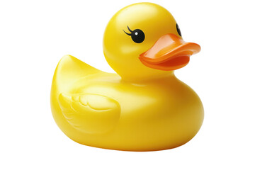 Bright yellow rubber duck floating on a white background ready for play and fun in the water