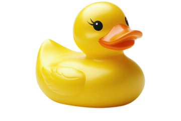 Bright yellow rubber duck floating on a white background ready for play and fun in the water
