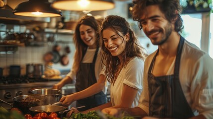 Three happy people in a kitchen, with one cooking dinner while the others are enjoying the moment. The atmosphere is warm and cheerful.