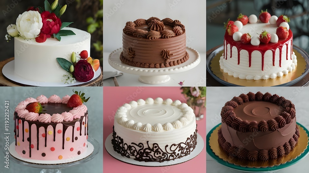 Poster a collage of six small decorated cakes with various toppings and designs displayed in a grid format