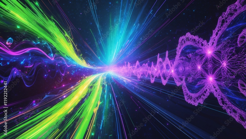 Poster vividly illuminated fractal waves glow with neon colors creating a dynamic, futuristic cosmic atmosp
