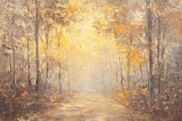 Obraz premium Golden Autumn Forest Path Landscape Painting Impressionism