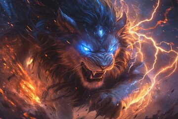 Majestic Lion Surrounded By Fire And Lightning