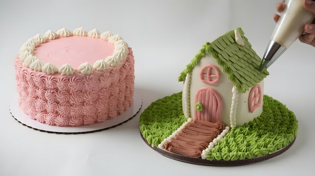 Decorating a house shaped cake with green frosting next to a pink cake on a white surface in studio shot