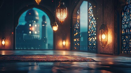 Fototapeta premium Mosque interior at night, prayer rug, city view
