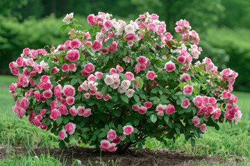 Lush pink and white rose bush in full bloom, outdoors in a garden setting.