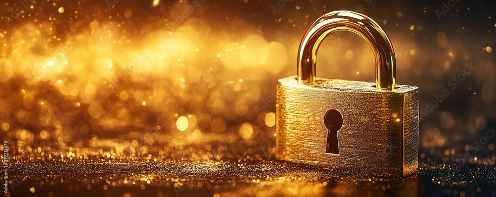 Poster advanced golden padlock with embedded electronic circuits, digital password security for confidentia