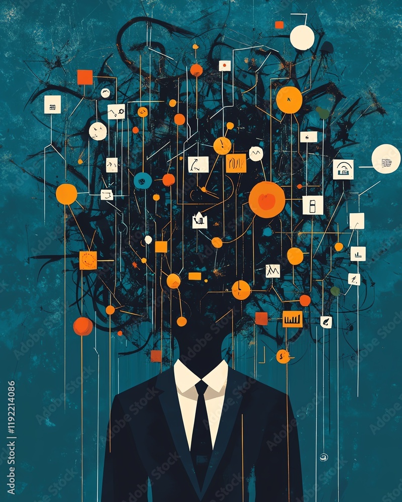Aufkleber complex and chaotic business process, disorganized management structure, tangled decision tree, illu