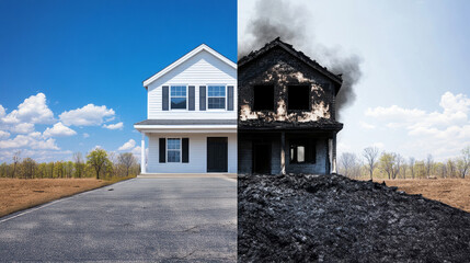 Before And After House Fire Wallpaper - A split image depicting a pristine house juxtaposed with its fire-damaged counterpart. Symbolizing loss, recovery, insurance, resilience, and rebuilding.