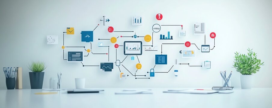 Chaotic decision tree and disorganized business process, messy management structure, illustrating complex and inefficient workflows in a corporate environment