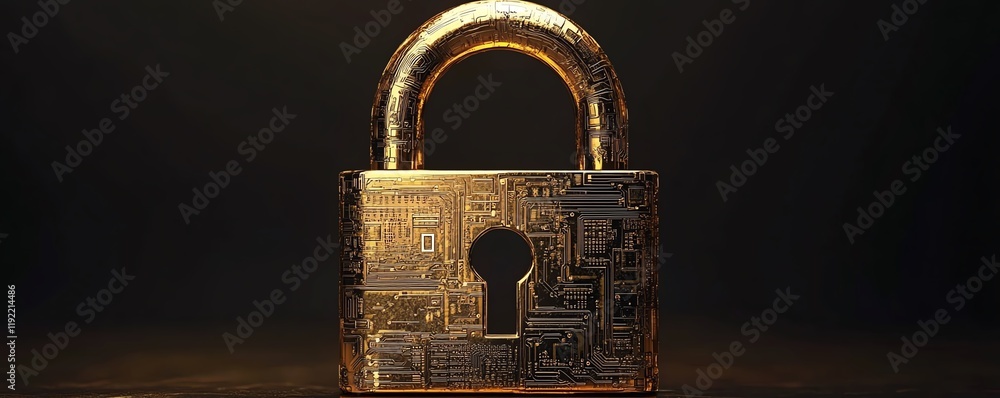 Poster futuristic golden padlock, embedded electronic circuits, symbolizing cuttingedge password security f