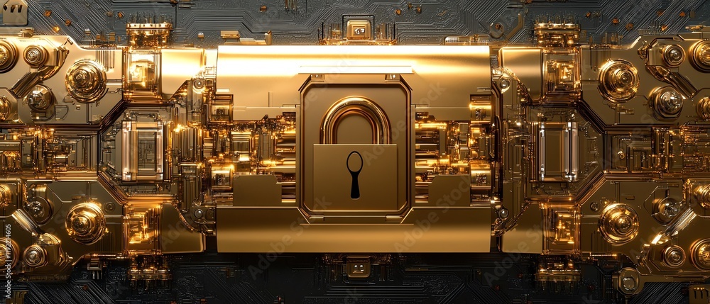Fototapete golden padlock with advanced electronic circuits, digital password security design, ensuring fraud p