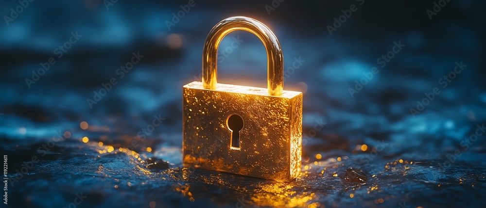 Poster golden padlock with advanced electronic circuits, digital password security design, ensuring fraud p