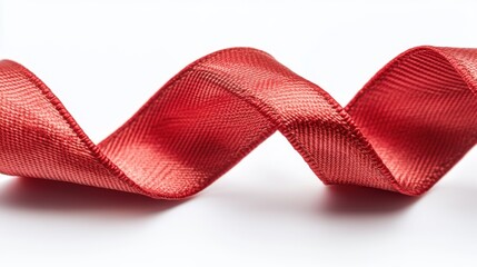 A red ribbon is curled up on a white background