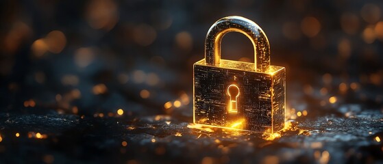Golden padlock with advanced electronic circuits, digital password security design, ensuring fraud prevention and confidential data protection in a secure network