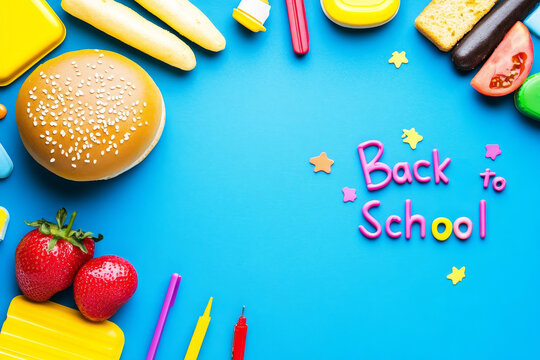 Back to School Lunchbox Wallpaper - Vibrant back to school theme.  School supplies, lunch items, and playful colors create excitement for learning.  Symbolizing new beginnings, knowledge, fun, healthy - Powered by Adobe