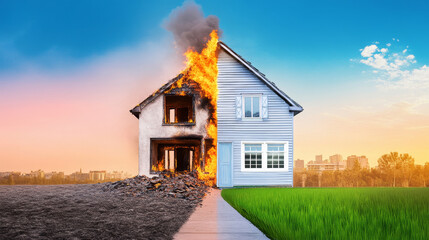 Before and After Fire Damage House Wallpaper - A split image showing a house before and after a devastating fire, symbolizing loss, resilience, insurance, rebuilding, and renewal.