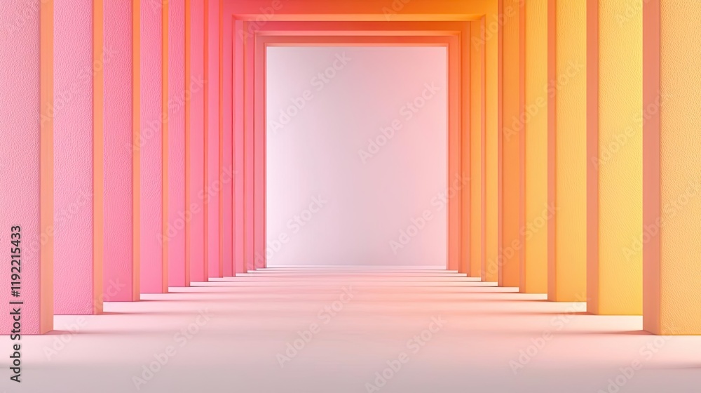 Poster symmetry gradient idea. vibrant corridor with colorful light and geometric shapes creating a surreal