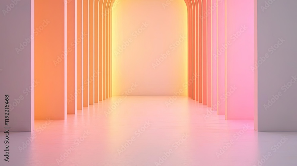 Poster symmetry gradient idea. a vibrant corridor with colorful lighting and smooth floor, creating an invi