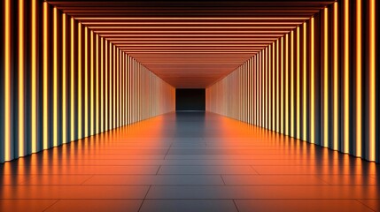 Fototapeta premium Minimal symmetry concept. A modern corridor illuminated by vibrant orange and blue lights creating a stunning effect.